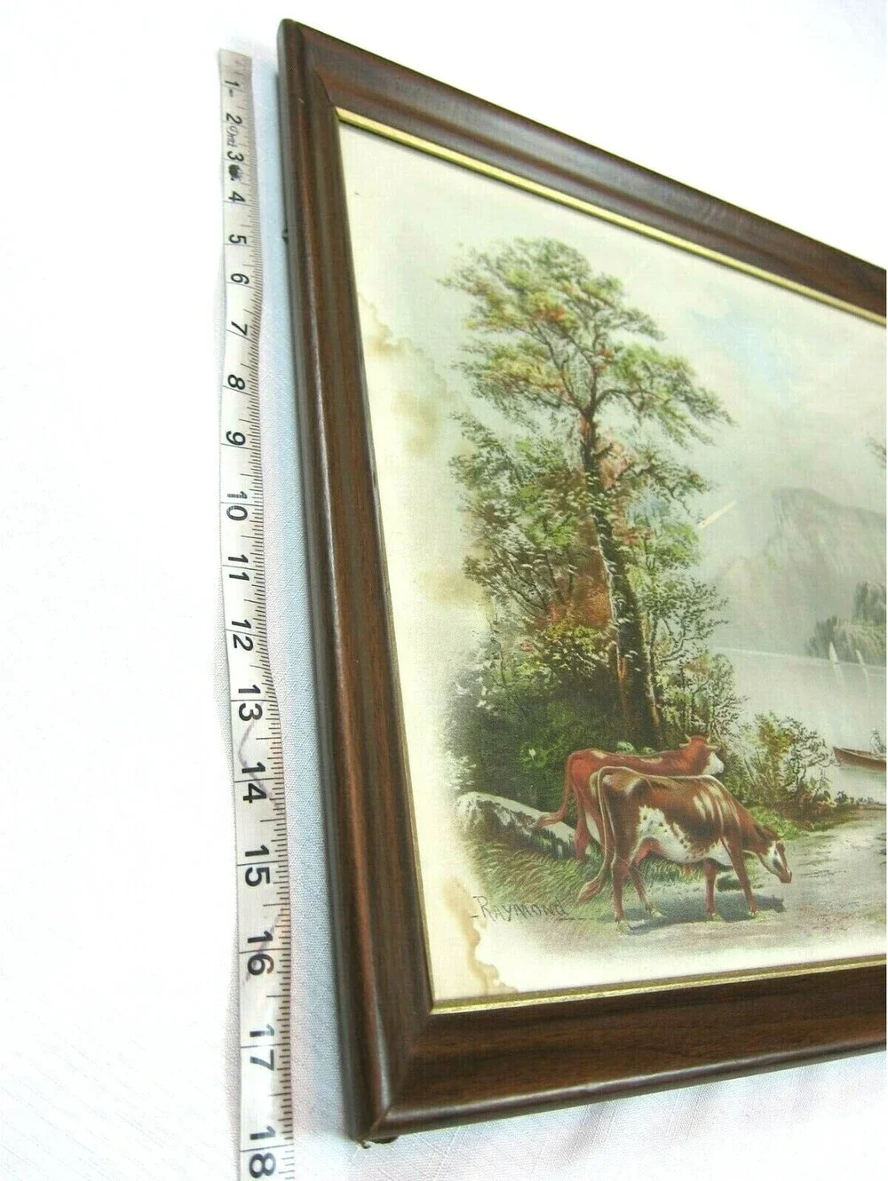 Antique RAYMOND Litho Art Print Country Lake Mountain Cattle Boat 22x18 Framed